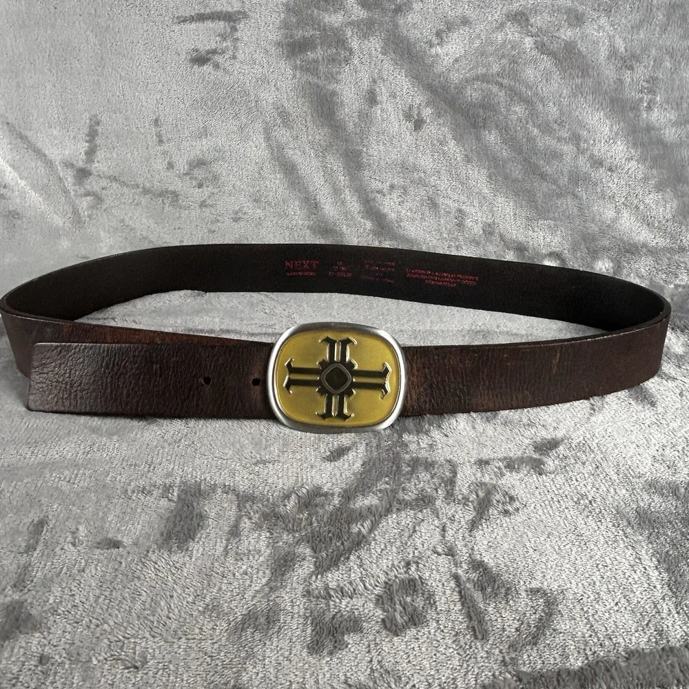 NEXT Brown Leather‎ Belt Oval Cross Silver Tone Medium 32-35